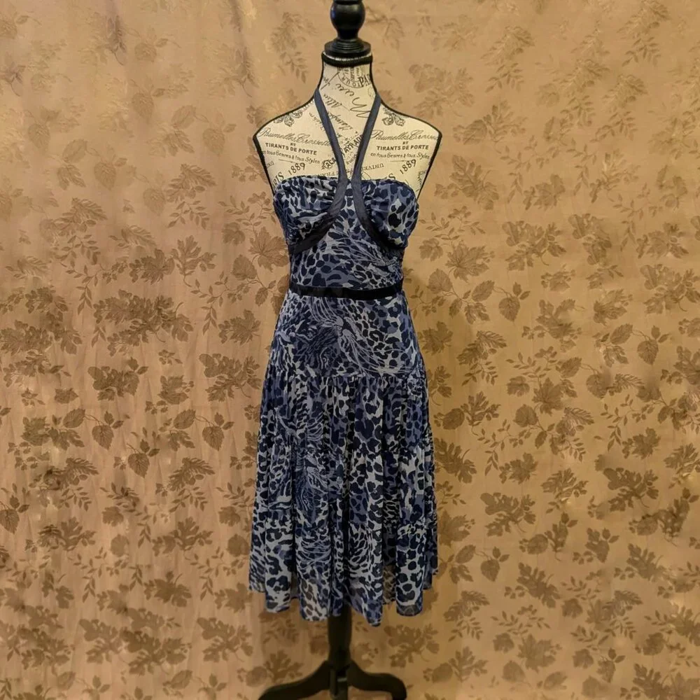 BCBGirls Blue Animal Print Tiered Halter Dress, Size S, Excellent Used Condition - Picture 1 of 6